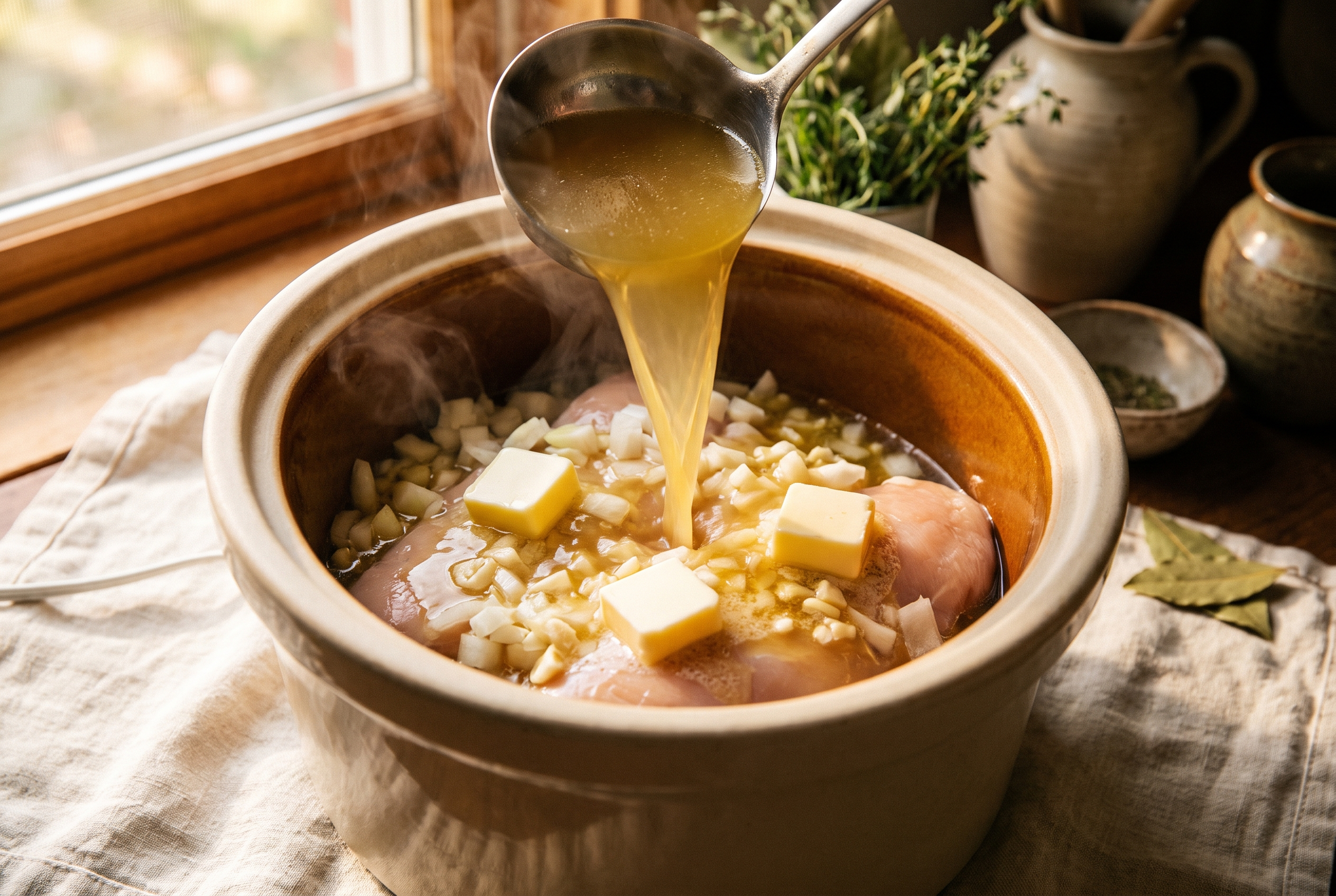 Chicken broth being poured over diced onion, garlic and chicken breasts in a slow cooker with cubes of butter on top