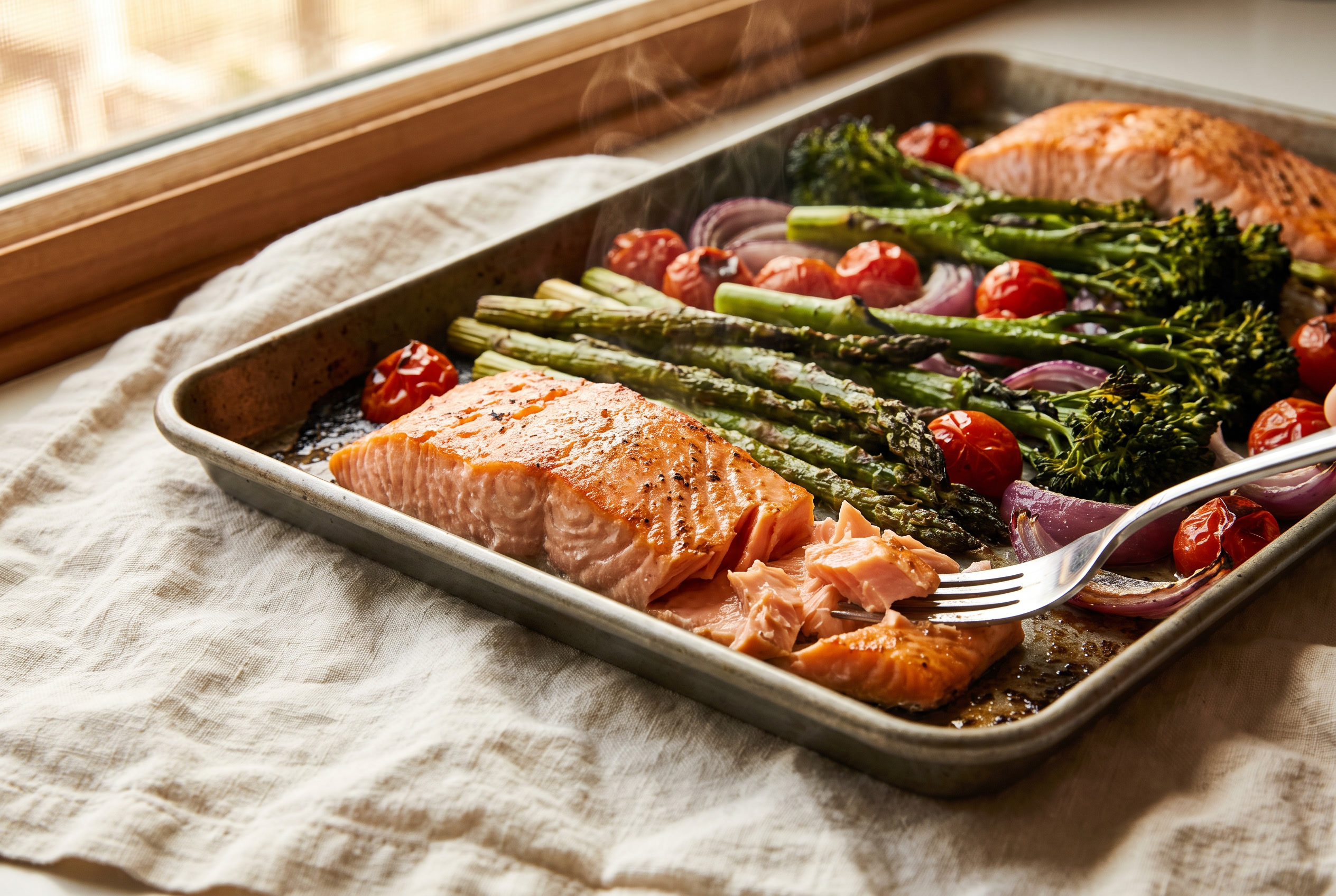 Sheet pan of salmon and vegetables just out of the oven, salmon flaking at the edge under a fork, vegetables charred at the tips