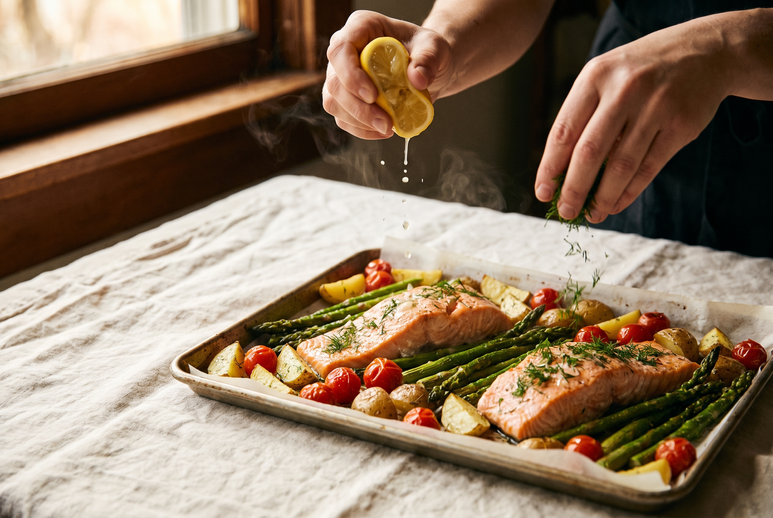 Fresh lemon being squeezed over roasted salmon and vegetables on a sheet pan and chopped dill scattered on top