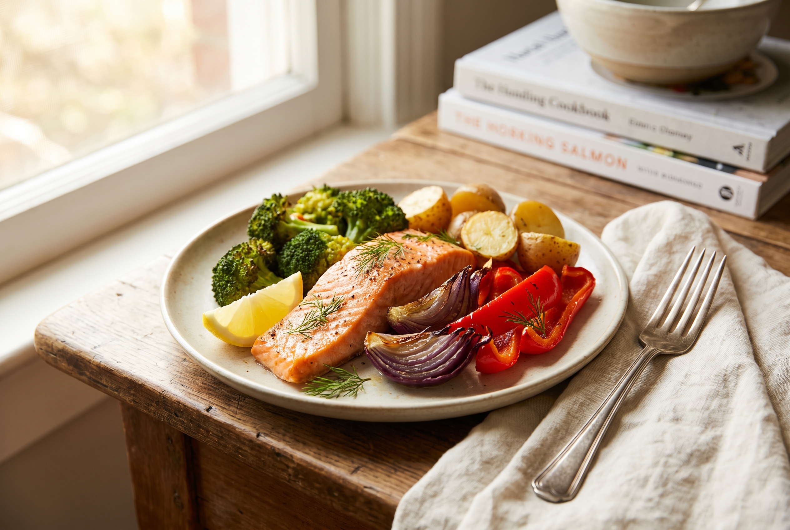 A plated serving of sheet pan salmon and vegetables: roasted salmon fillet with broccoli, baby potatoes, red pepper and red onion, lemon wedge and fresh dill