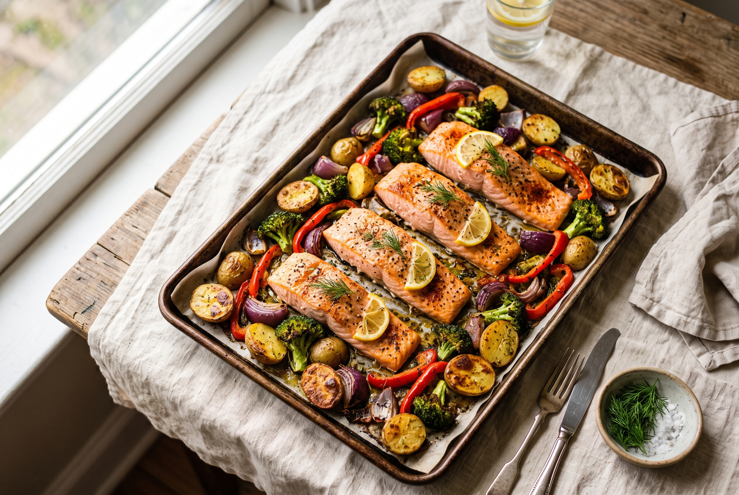 Sheet pan salmon and vegetables: four roasted salmon fillets on a baking sheet with roasted broccoli, halved baby potatoes, red bell pepper and red onion, lemon slices and fresh dill