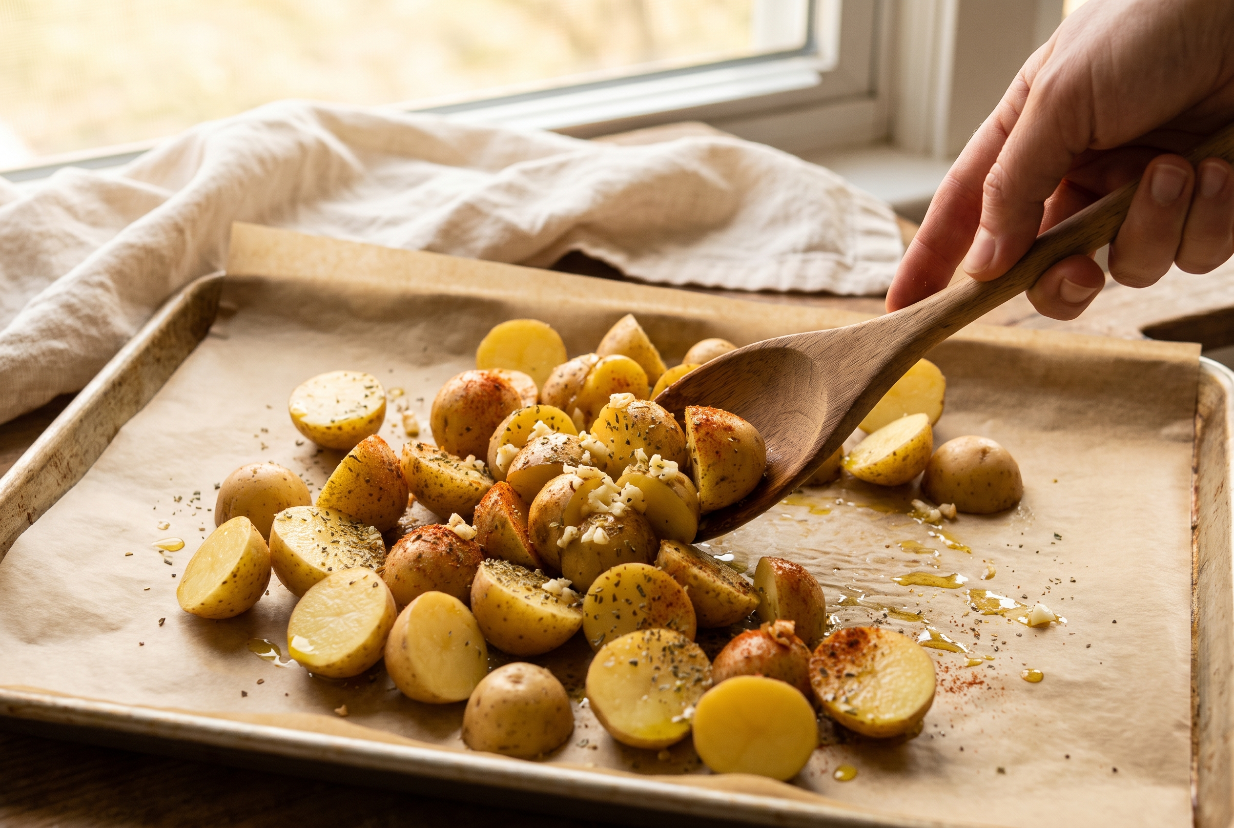 Halved baby potatoes being tossed with olive oil, garlic, oregano and paprika on a parchment-lined sheet pan