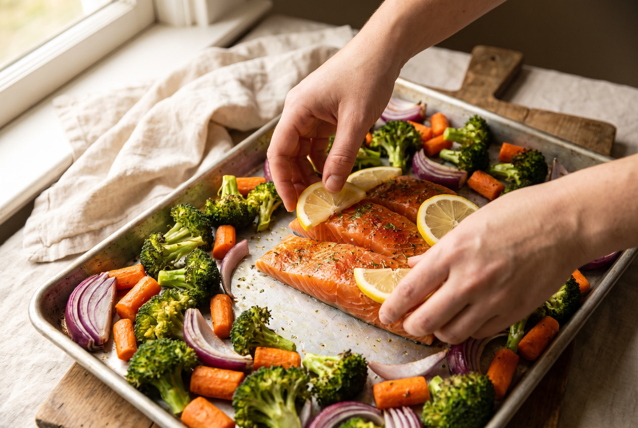Seasoned raw salmon fillets nestled into the center of a sheet pan of half-roasted vegetables with lemon slices on top