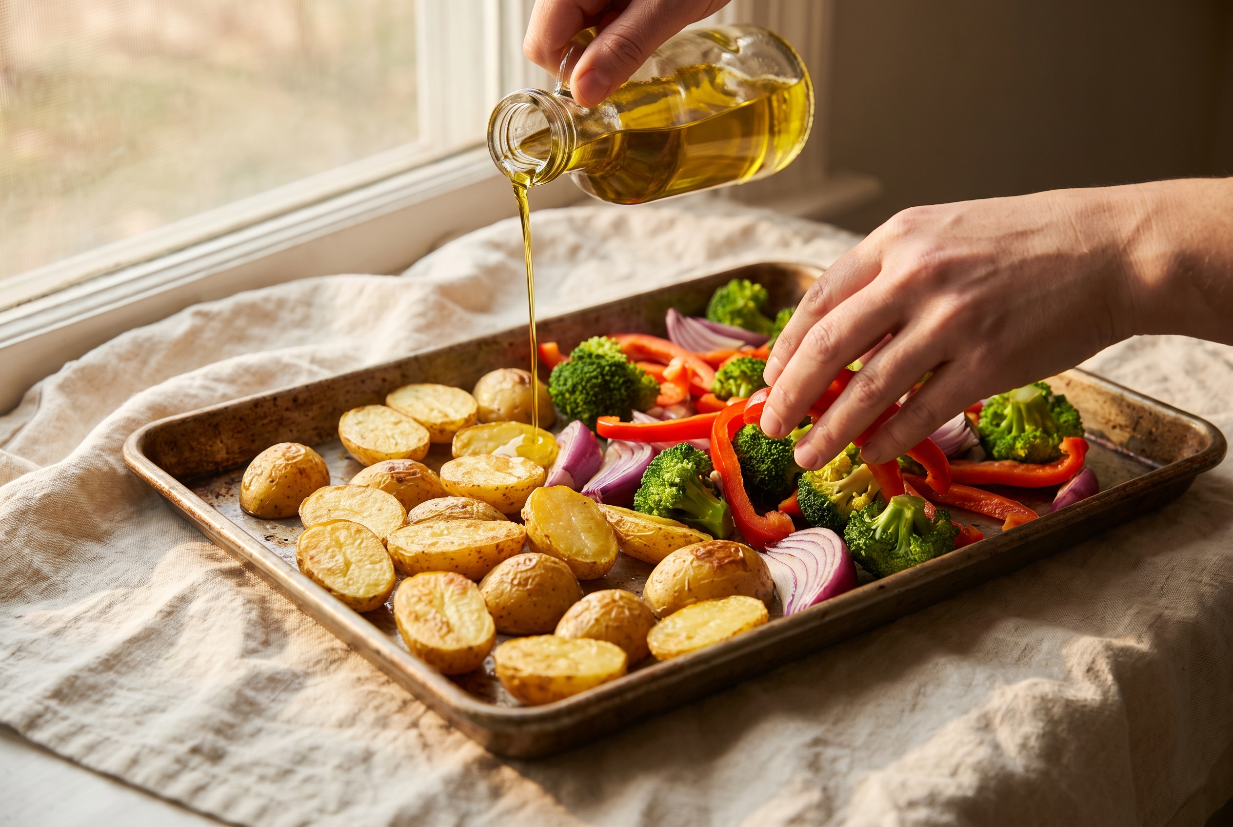 Broccoli florets, red bell pepper strips and red onion wedges being added around par-roasted potatoes on a sheet pan and drizzled with olive oil