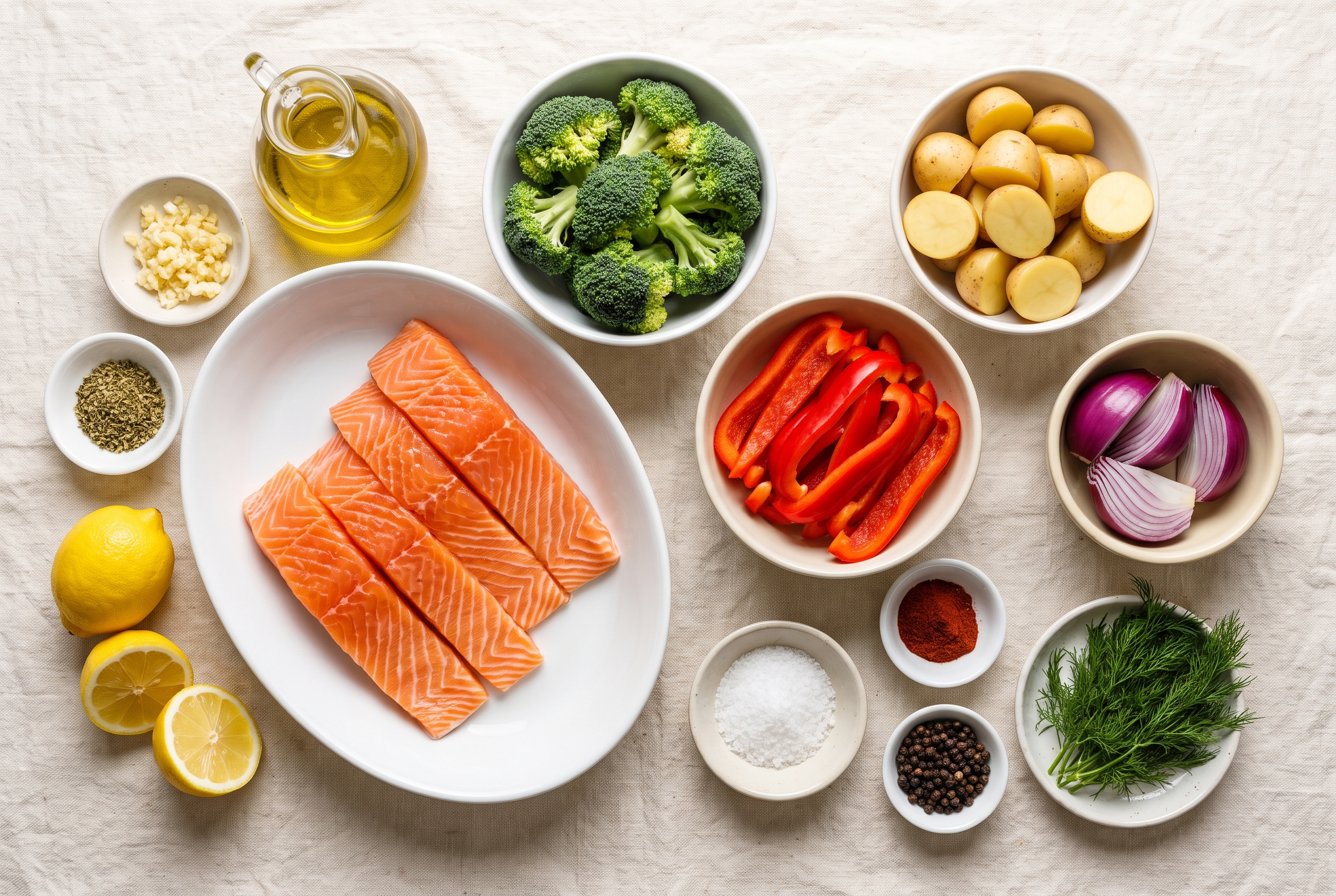 Ingredients for sheet pan salmon and vegetables in small bowls: raw salmon fillets, broccoli florets, halved baby potatoes, red bell pepper strips, red onion wedges, olive oil, minced garlic, lemon, dried oregano, smoked paprika, salt, pepper and fresh dill
