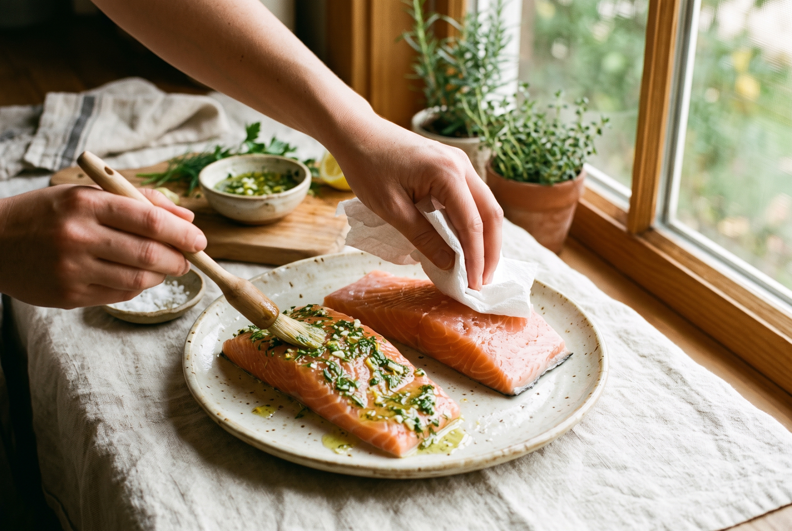 Raw salmon fillets being patted dry with paper towel and brushed with a garlic lemon olive oil herb mixture on a cream plate
