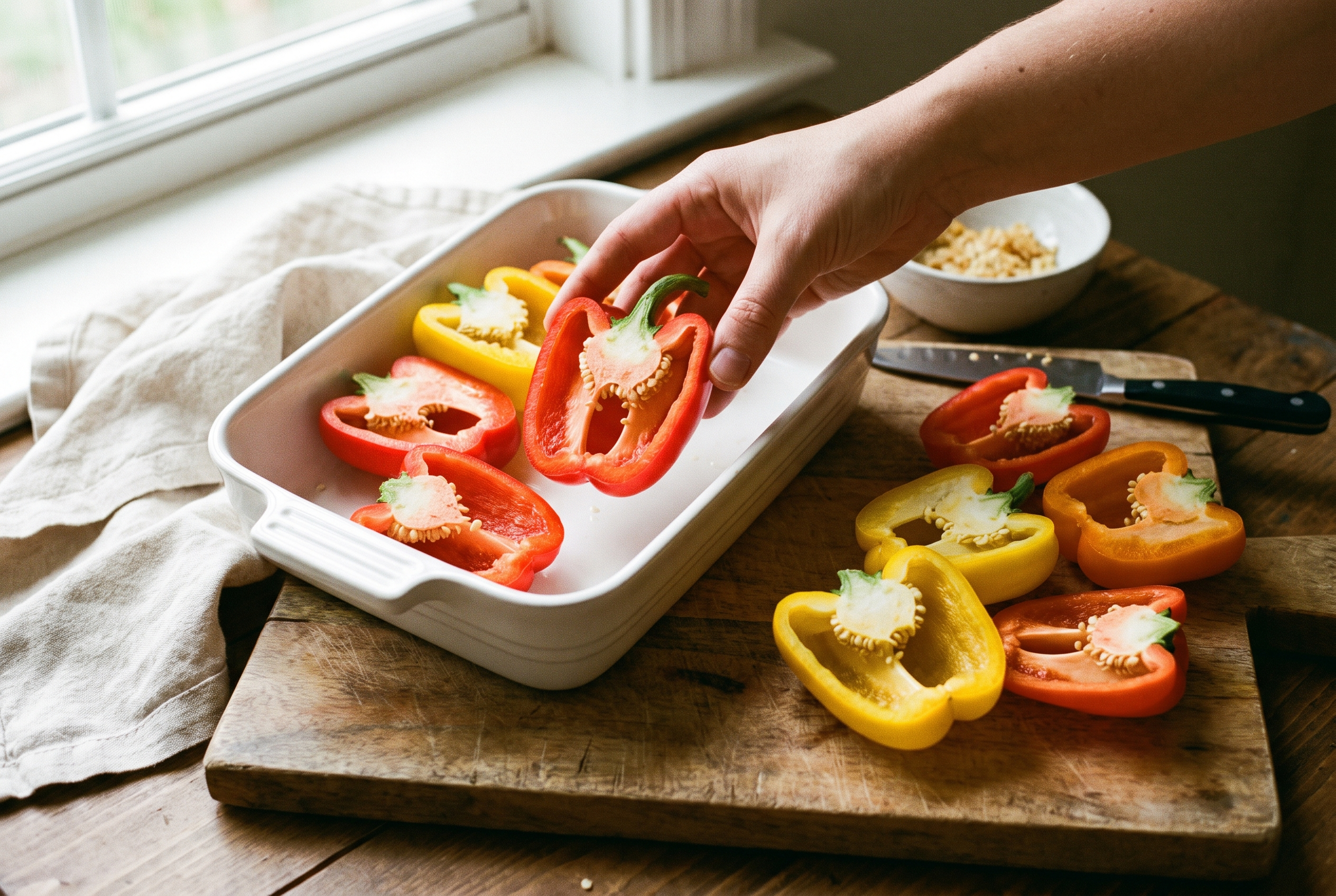 Red, yellow and orange bell peppers halved and seeded on a wooden board, one half being placed cut-side up in a white baking dish for turkey stuffed peppers