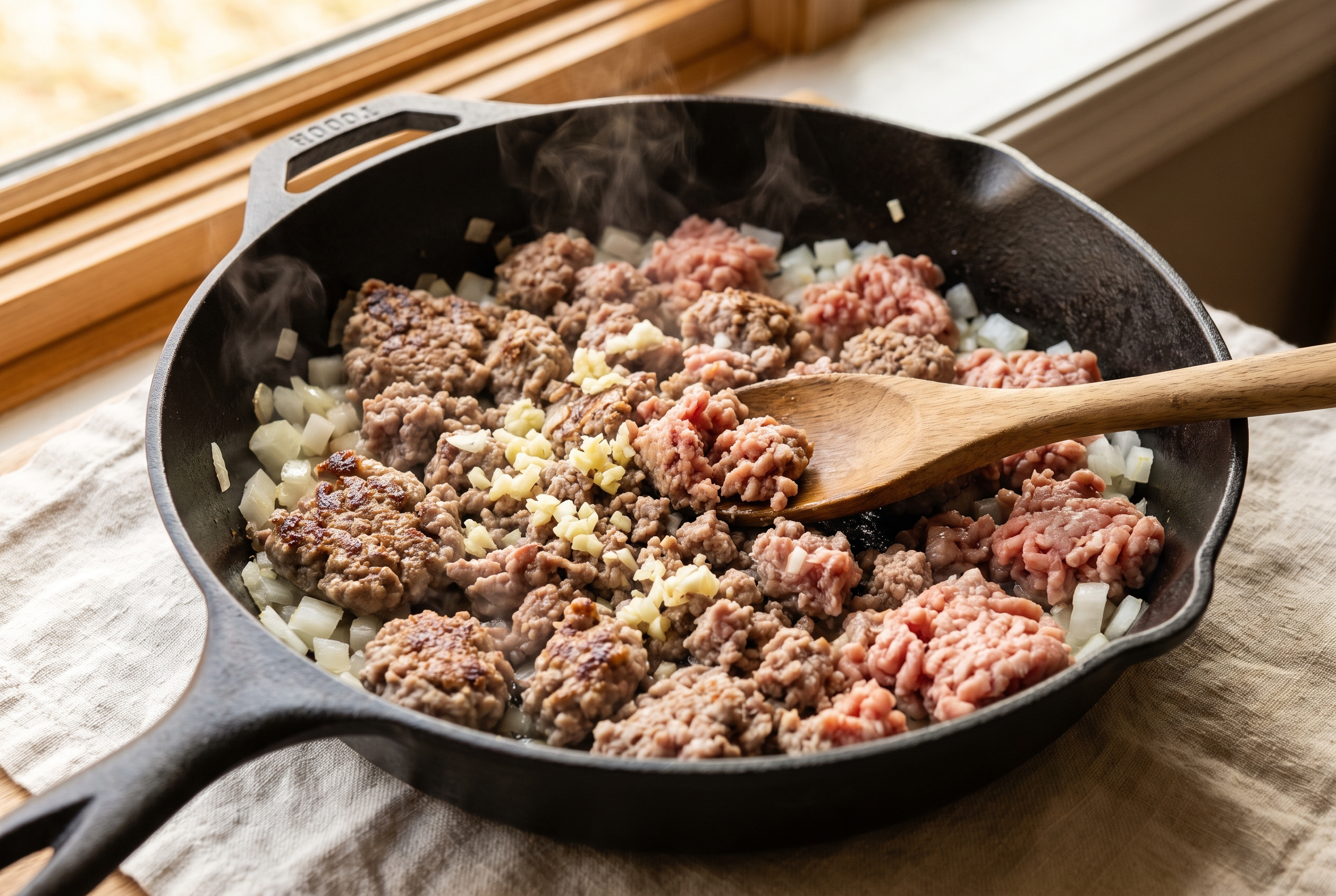 Ground turkey browning in a skillet with diced onion and minced garlic, broken into crumbles with a wooden spoon for turkey stuffed peppers