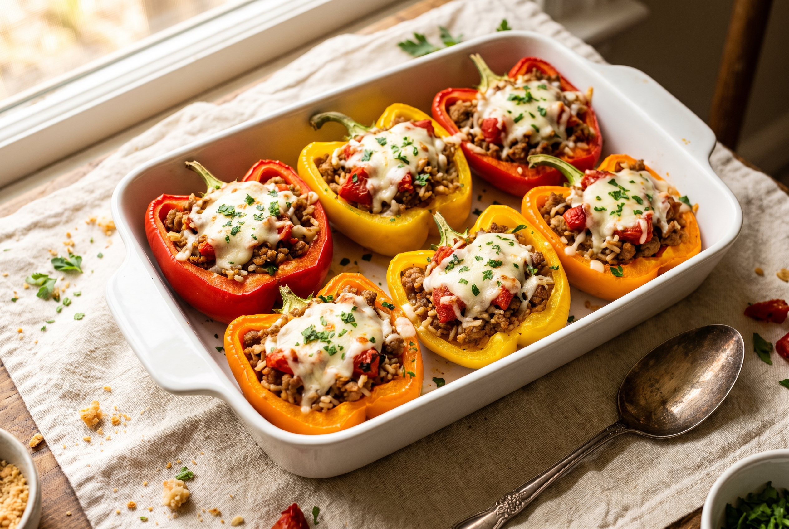 Turkey stuffed peppers in a white baking dish — red, yellow and orange bell pepper halves filled with ground turkey, brown rice and tomato filling under melted golden mozzarella and parsley, healthy high protein dinner recipe