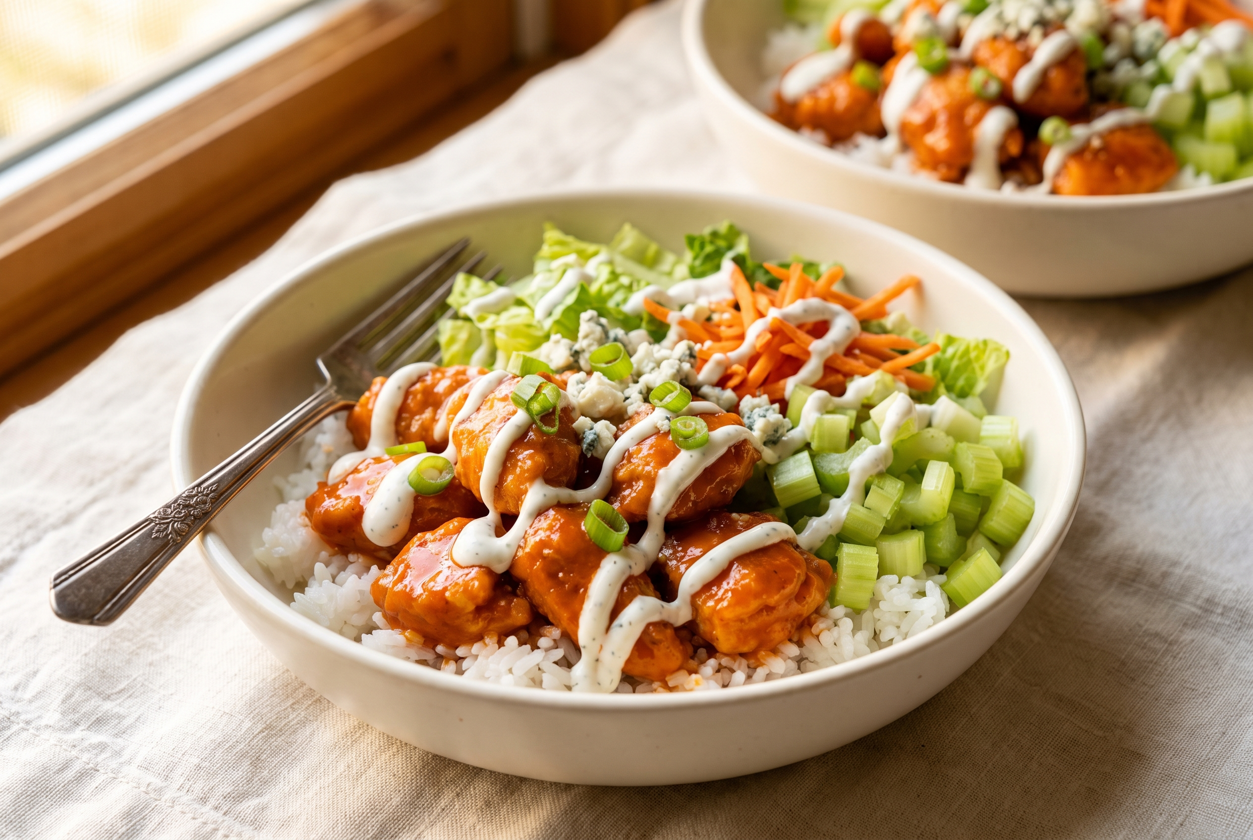 Finished buffalo chicken bowl with glossy buffalo chicken, rice, romaine, celery, carrot, blue cheese, green onion and a zigzag of Greek yogurt ranch, fork resting on the rim