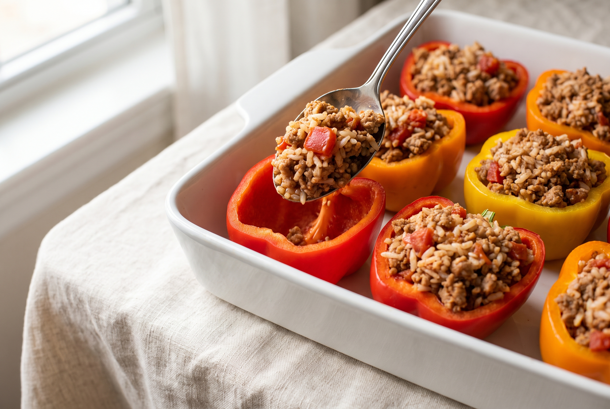 Hollowed bell pepper halves in a white baking dish being filled with a spoonful of ground turkey, rice and tomato filling