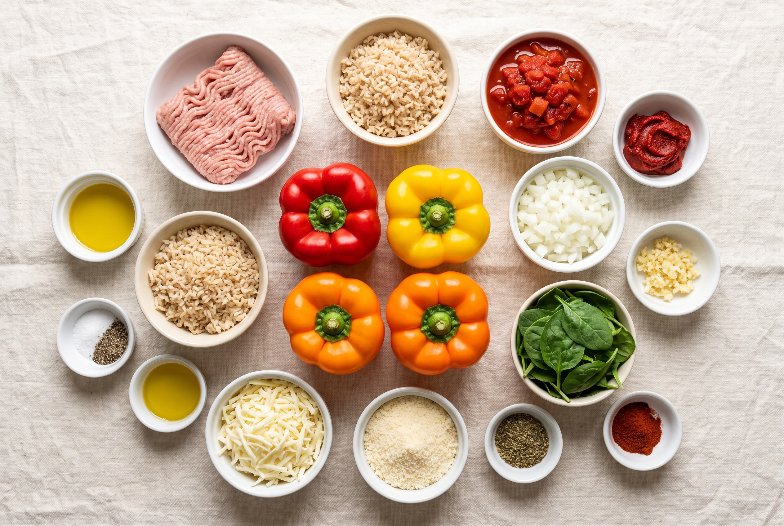 Ingredients for turkey stuffed peppers in small bowls: four bell peppers, raw ground turkey, cooked brown rice, fire-roasted diced tomatoes, tomato paste, diced onion, minced garlic, baby spinach, shredded mozzarella, grated parmesan, Italian seasoning, smoked paprika and olive oil