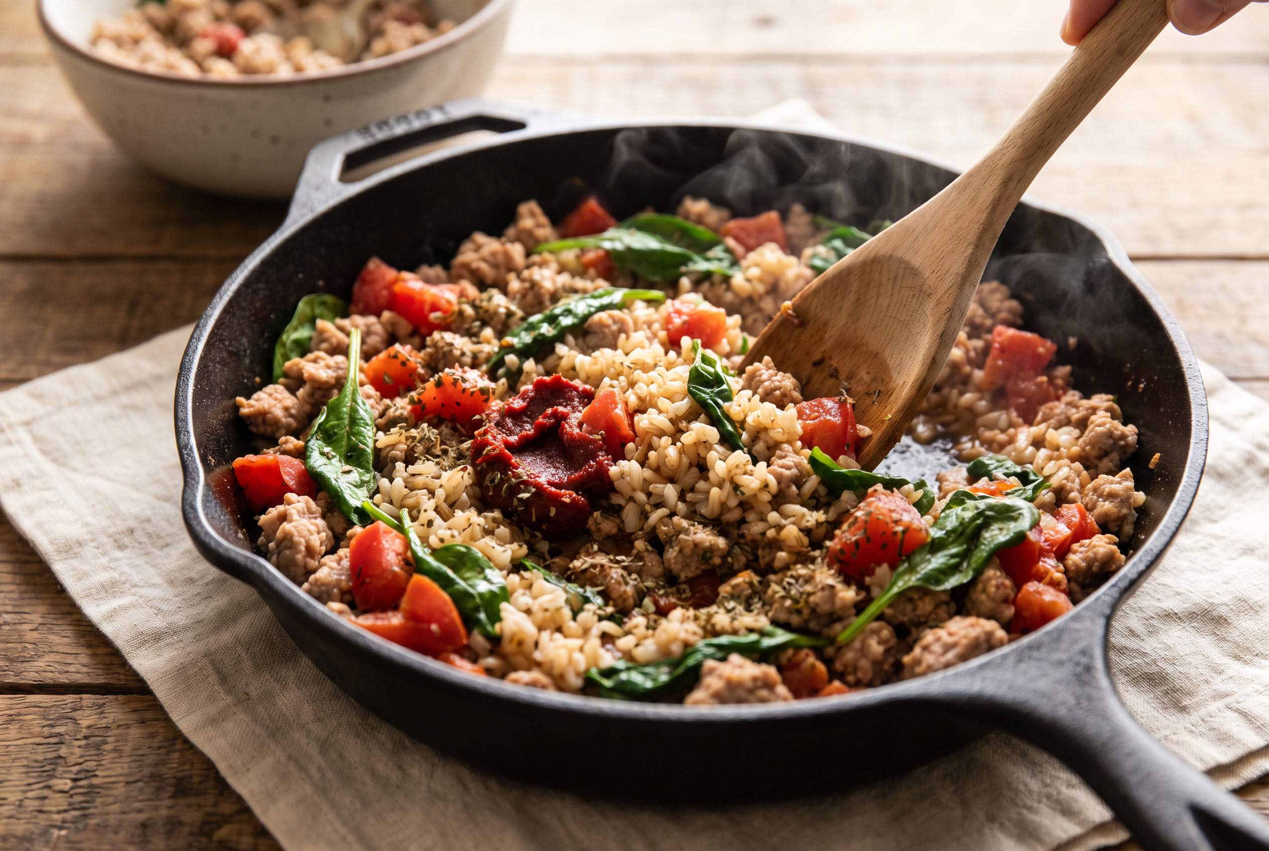 Browned ground turkey being stirred with fire-roasted tomatoes, tomato paste, cooked brown rice and wilting spinach in a skillet for stuffed peppers filling