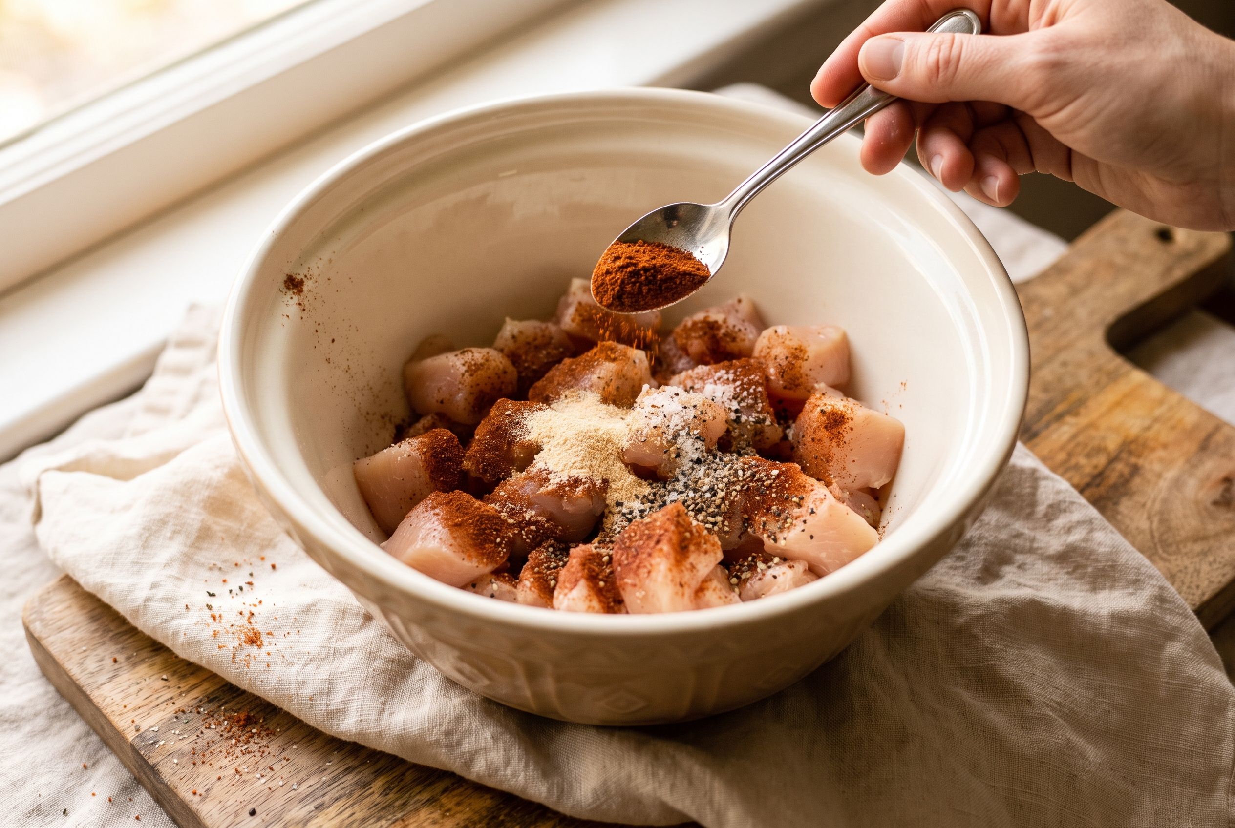 Cubed chicken breast in a cream bowl being sprinkled with smoked paprika, garlic powder, salt and pepper for buffalo chicken bowls