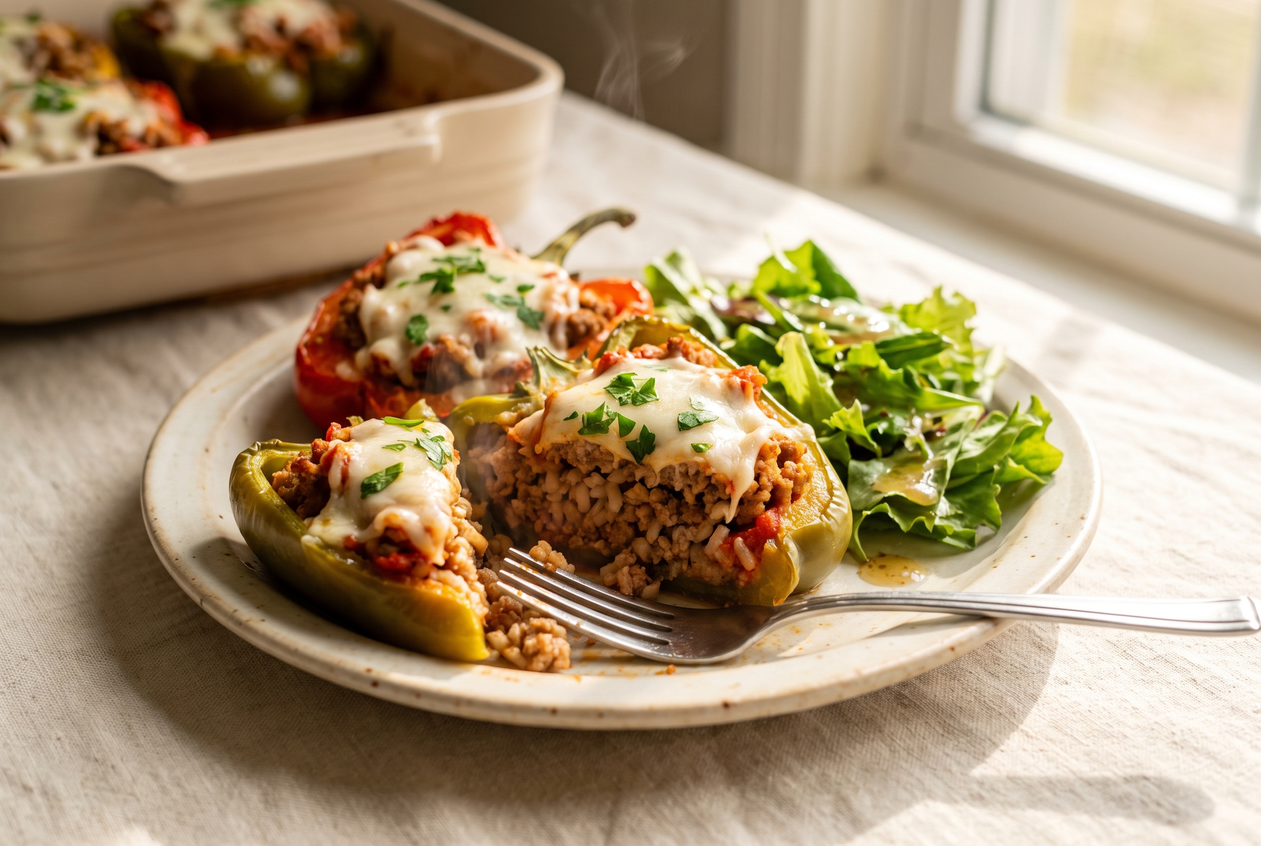 Two turkey stuffed pepper halves on a cream plate, one cut open to show the ground turkey, brown rice and tomato filling under melted mozzarella, with a green side salad