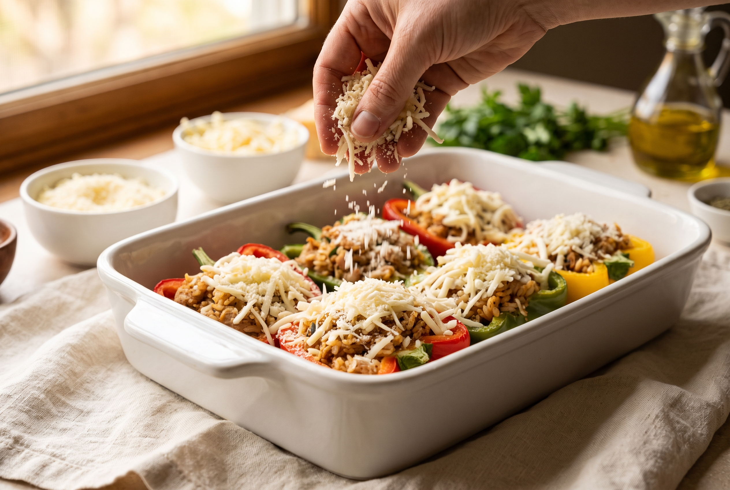 Stuffed bell pepper halves in a white baking dish being topped with handfuls of shredded mozzarella and grated parmesan