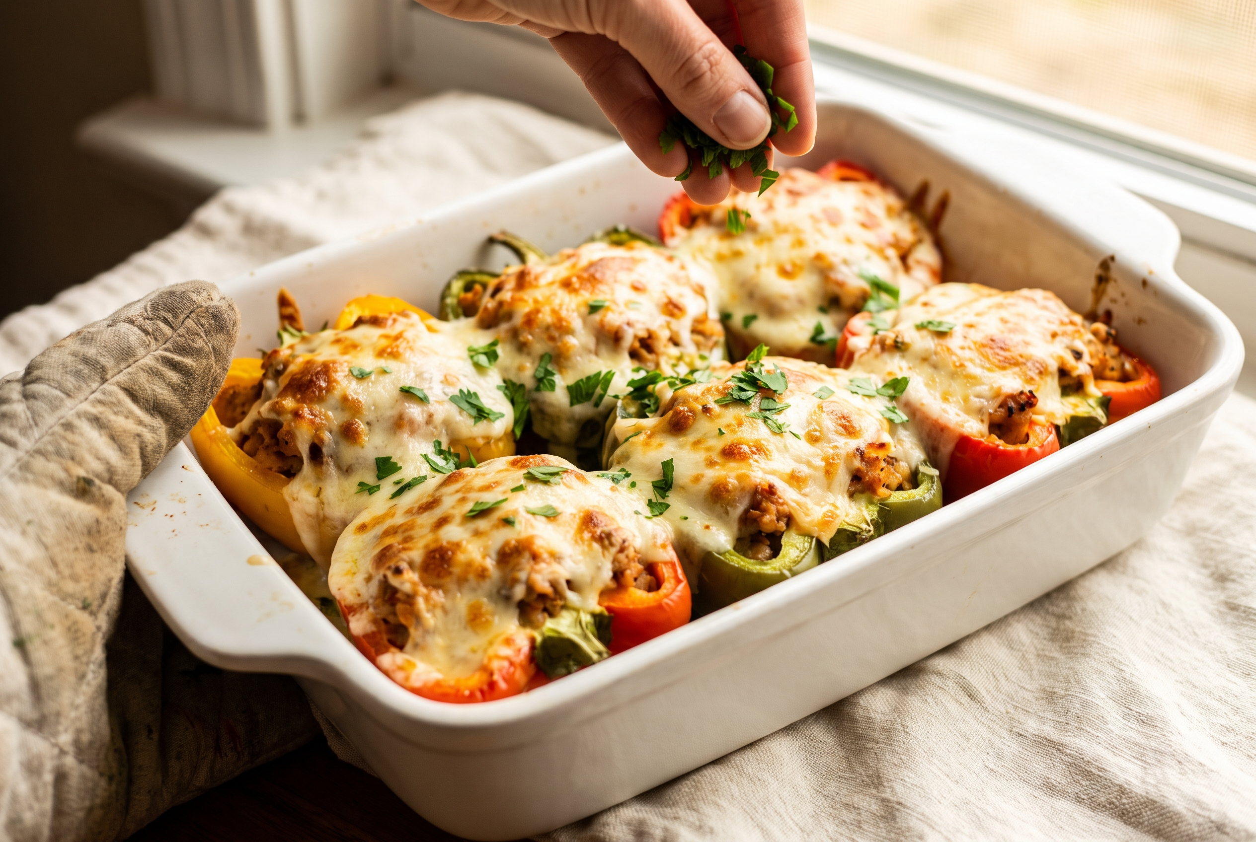 Turkey stuffed peppers just out of the oven with melted golden-brown mozzarella, bubbling filling and fresh parsley being scattered on top