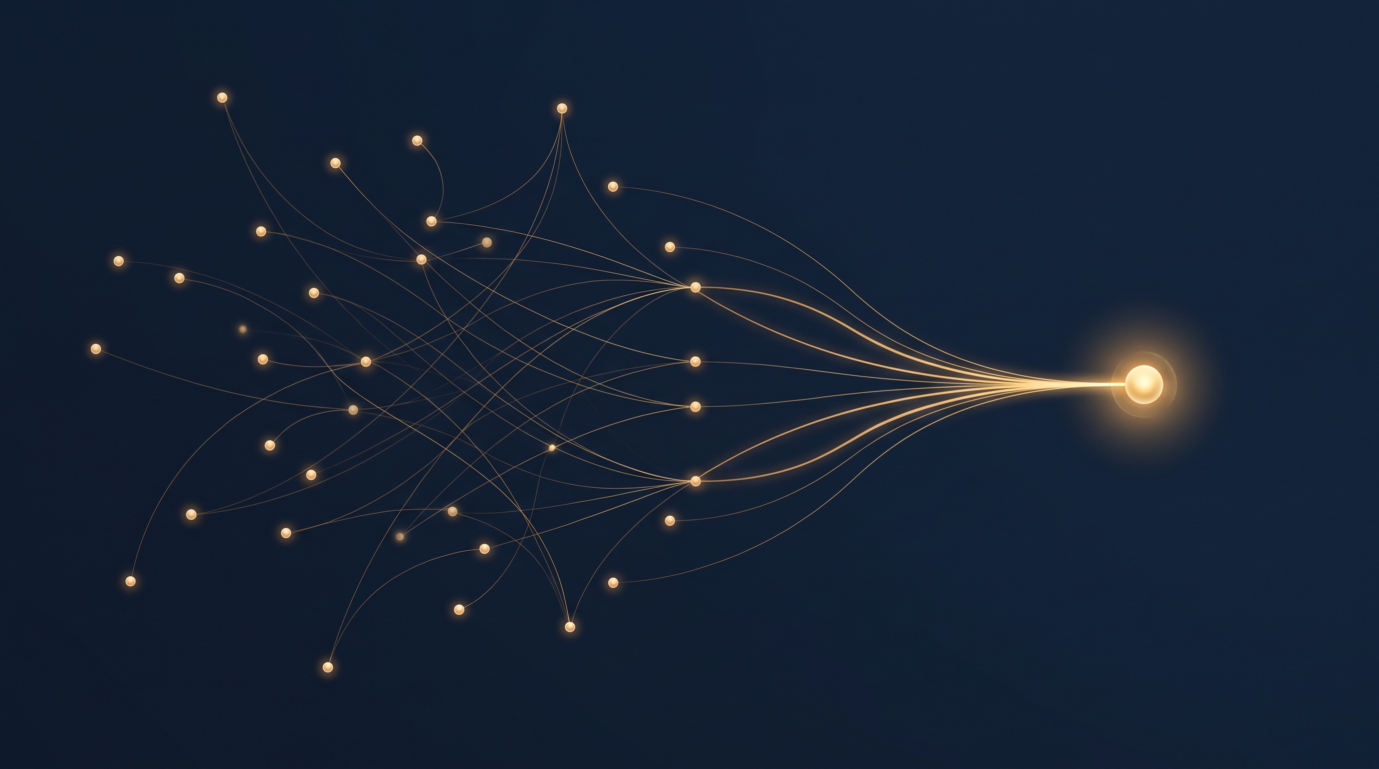 Conceptual network showing scattered buyers converging on a single shortlisted vendor