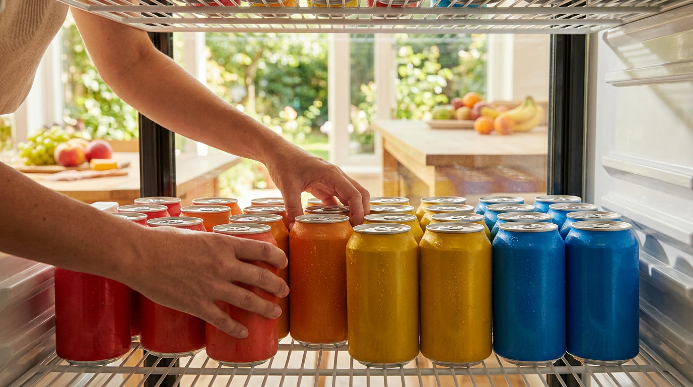 Koelkast vol blikjes frisdrank ingeslagen voor een zomers feestje