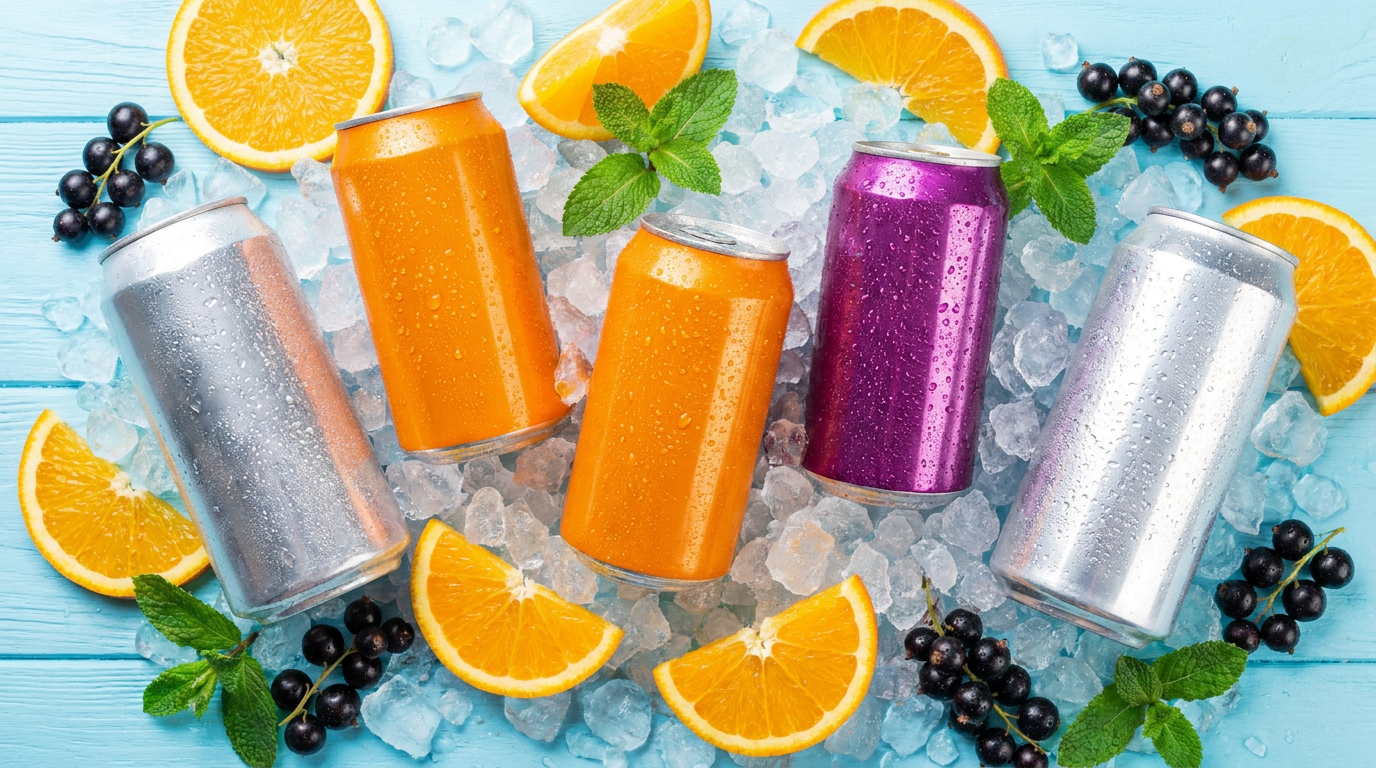 Overzicht van kleurrijke Fanta smaken blikjes op ijs met sinaasappel en zwarte bes
