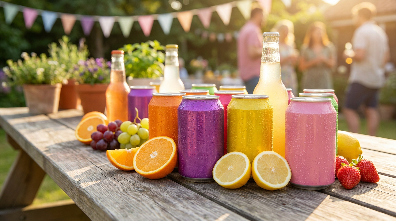 Verschillende Fanta smaken blikjes buiten op een picknicktafel in de zon