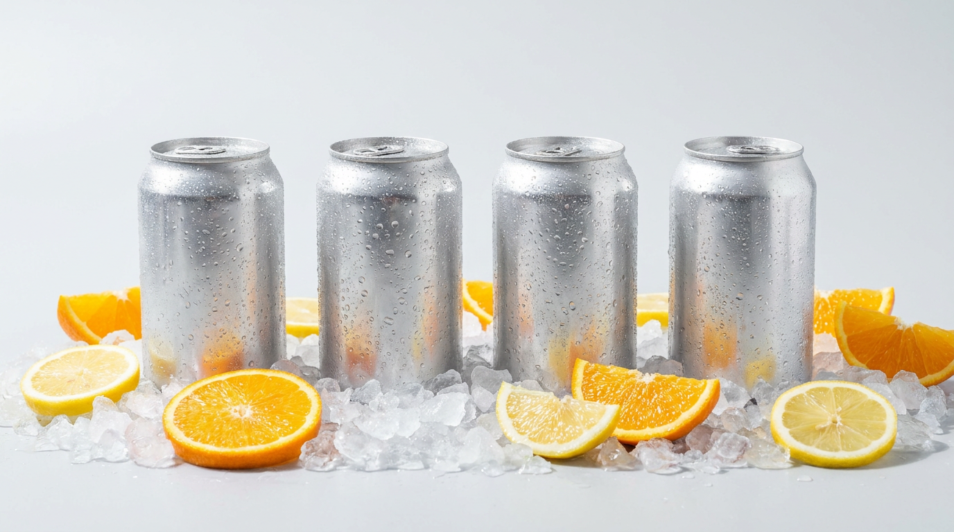 Suikervrije frisdrankblikjes met ijs en citrusfruit, close-up van blikjes zonder suiker