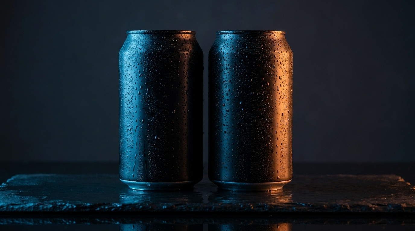 Twee energiedrankblikjes naast elkaar met contrasterende blauwe en oranje belichting, symbool voor de vergelijking Monster Energy versus Red Bull