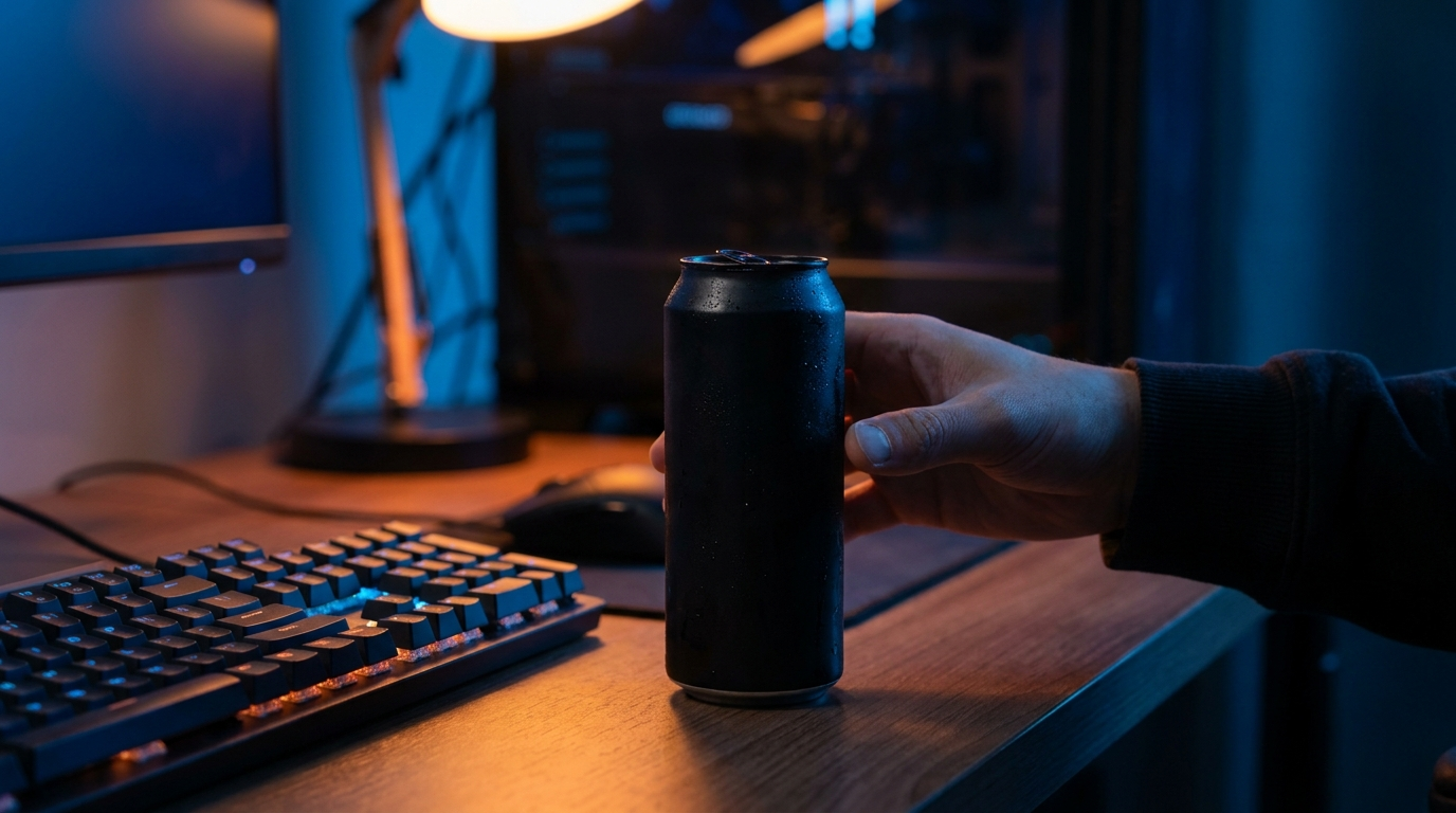 Hand pakt een onbedrukt energiedrankblikje van een bureau naast een toetsenbord, sfeerbeeld voor energiedrank tijdens gamen of studeren