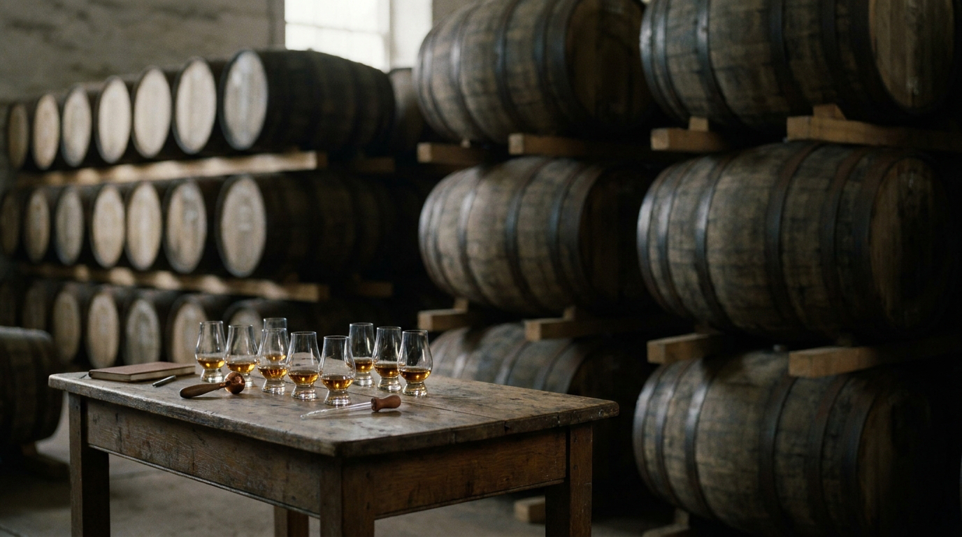 Oak casks and the master blender's tasting table