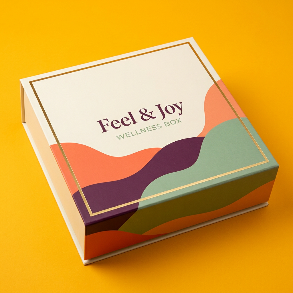 Feel & Joy Wellness Box, cream gift box with abstract coral, plum, sage and gold color-block design