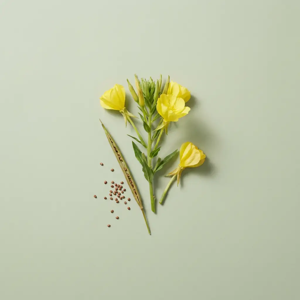 Fleurs, gousse et graines d’Onagre (Oenothera biennis)