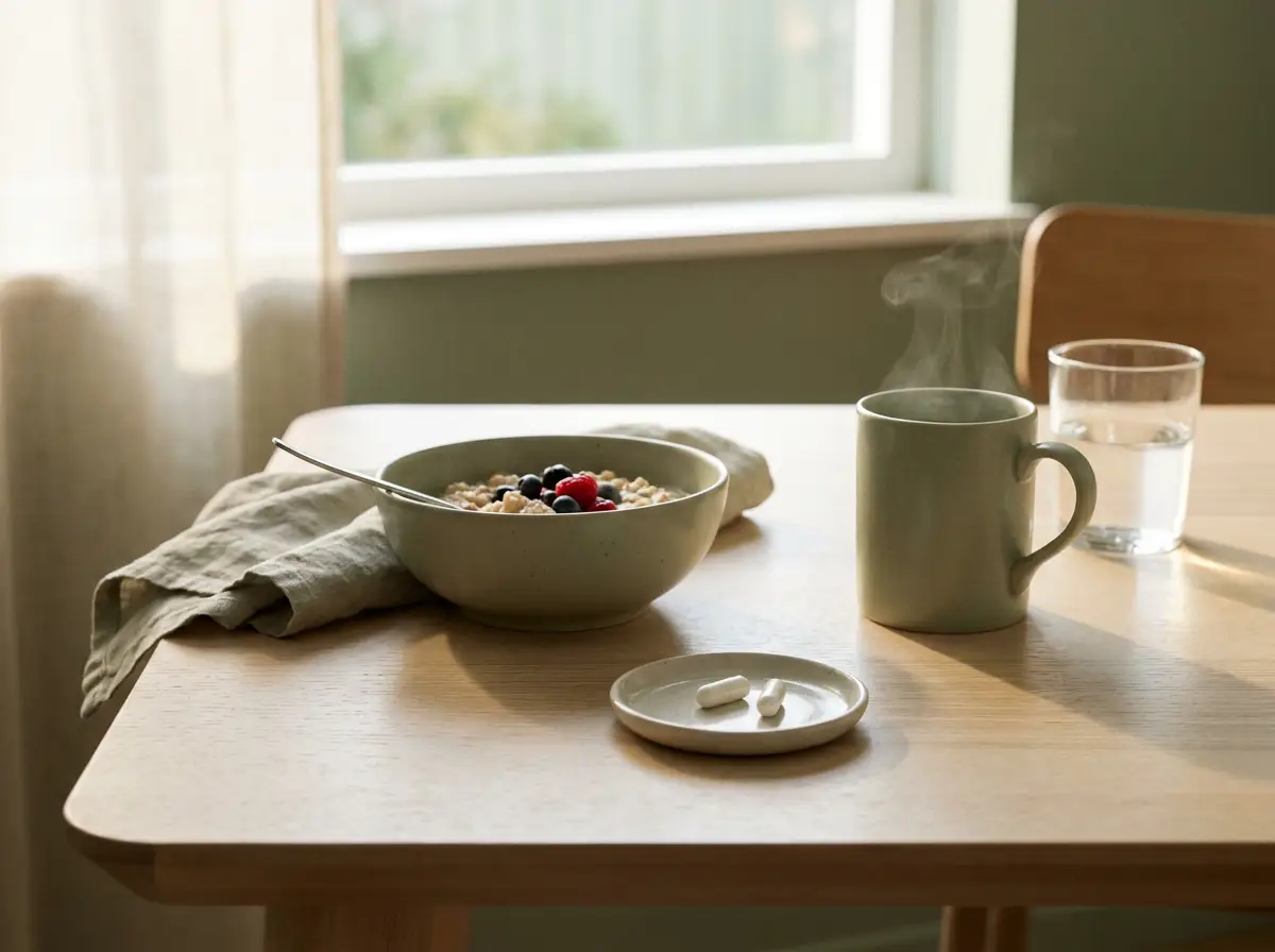 Verre d’eau et deux petites gélules blanches sur une table de petit-déjeuner au matin