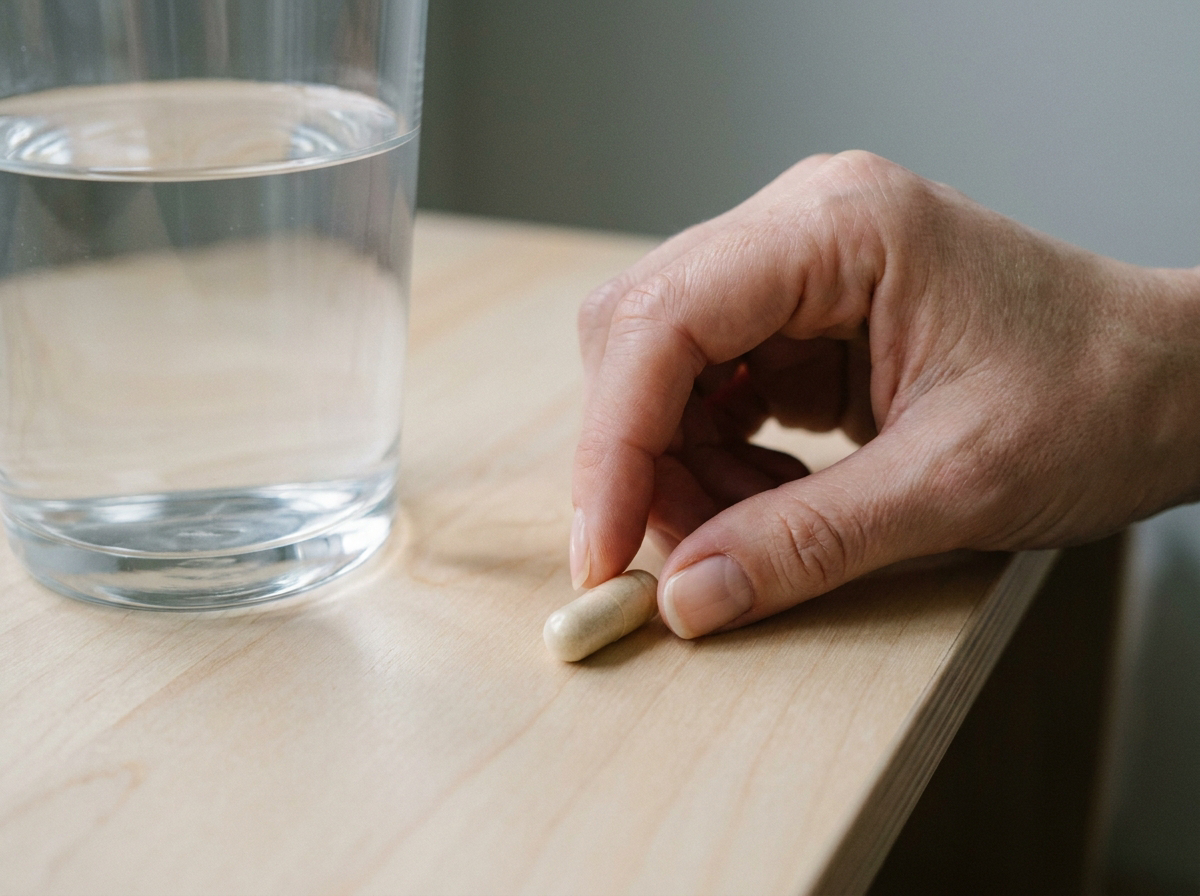 Une gélule beige clair posée près d’un grand verre d’eau sur un plan clair, dans la lumière douce du matin