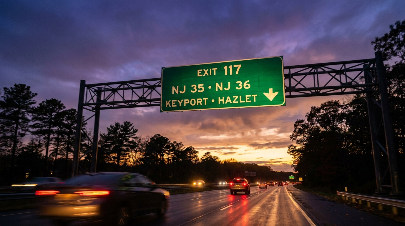 Garden State Parkway at dusk near Exit 117 in Keyport, New Jersey, the exit for Tom's Ford