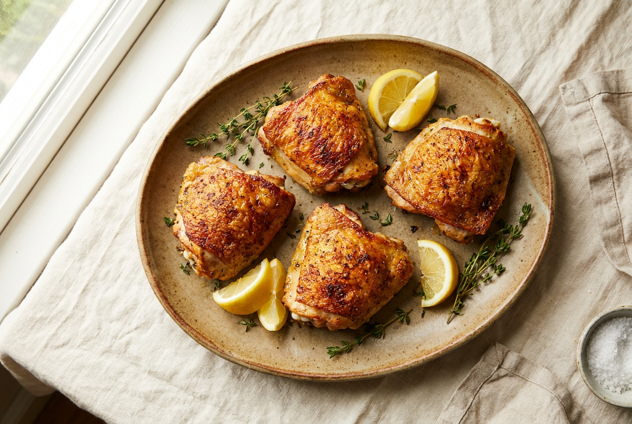 Crispy air fryer chicken thighs with golden crackly skin on a rustic platter with thyme and lemon wedges