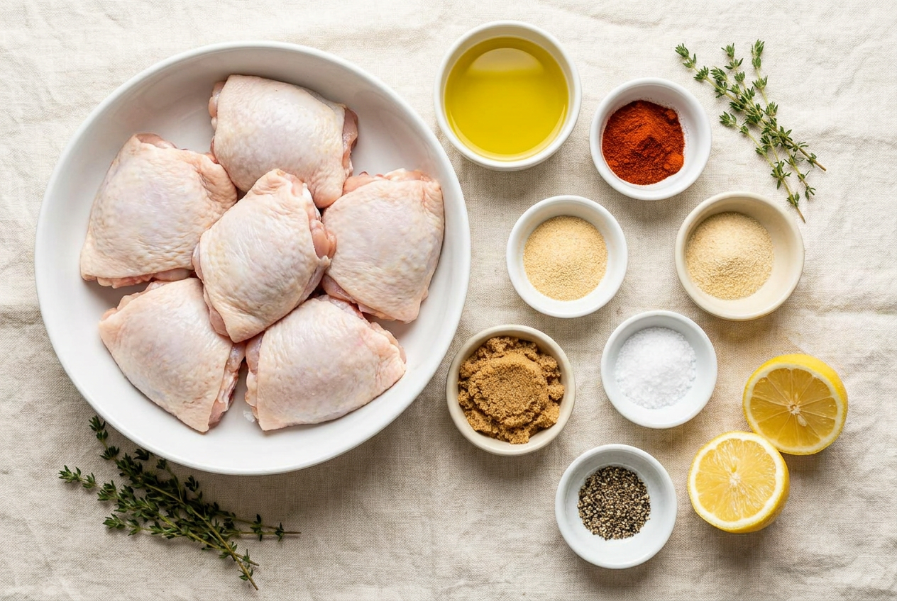 Ingredients for air fryer chicken thighs portioned into small bowls: bone-in thighs, olive oil, smoked paprika, garlic powder, onion powder, brown sugar, salt, pepper, thyme and lemon