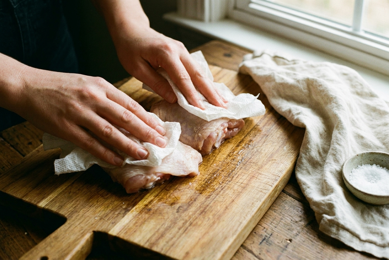 Raw chicken thighs being patted dry with paper towels on a wooden cutting board