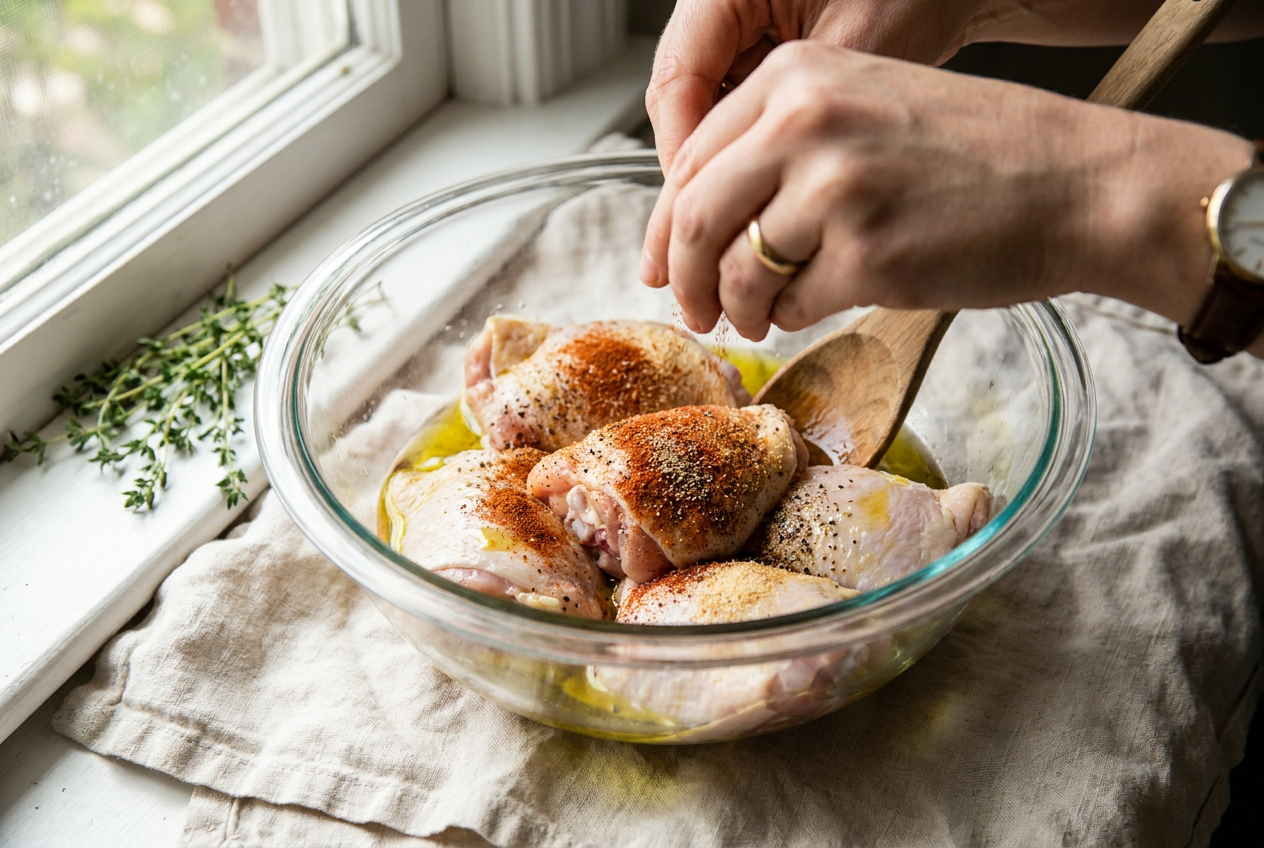 Chicken thighs tossed in a glass bowl with olive oil and smoked paprika spice rub