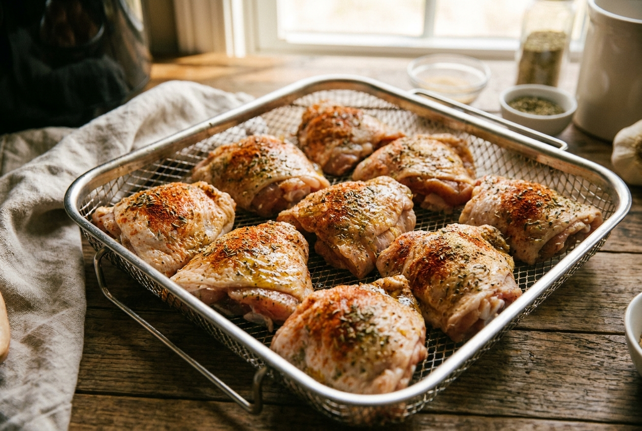 Seasoned chicken thighs arranged skin-side down in a single layer in an air fryer basket