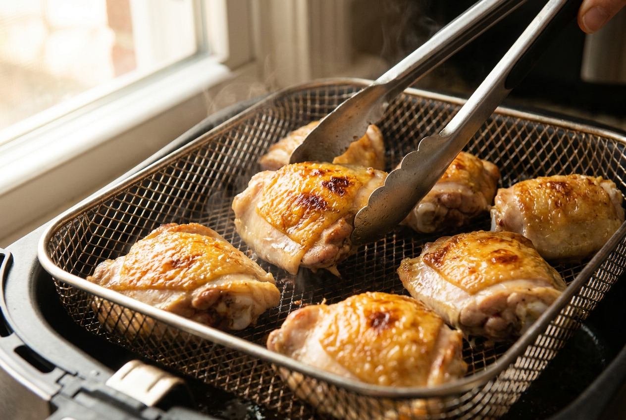 Tongs flipping golden chicken thighs skin-side up in an air fryer basket as the skin crisps