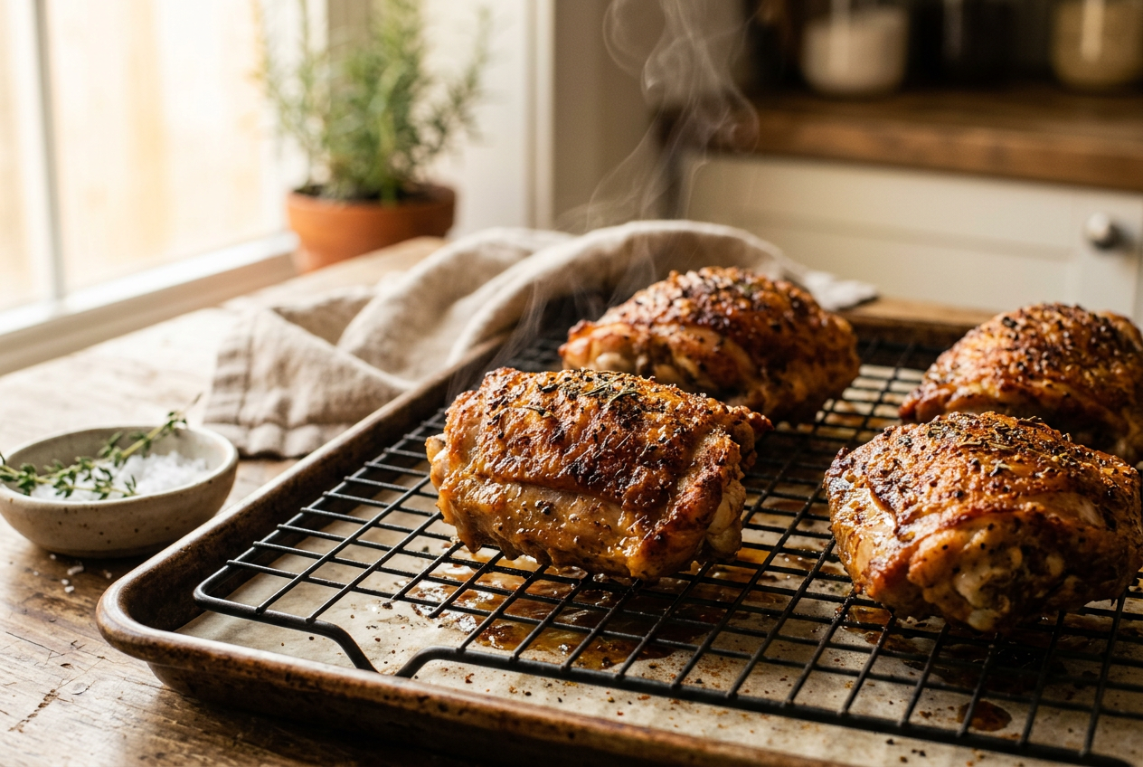 Finished deep golden crispy air fryer chicken thighs resting on a wire rack