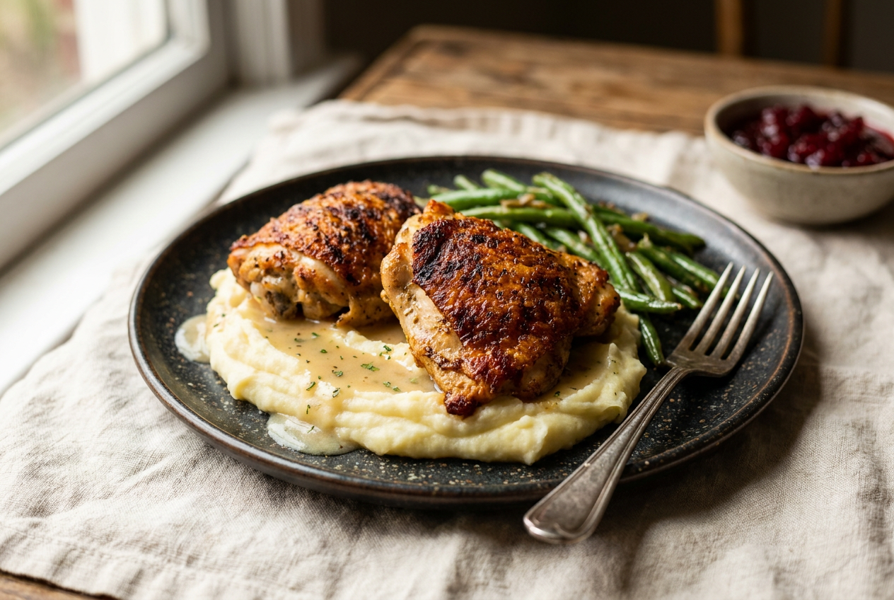 Crispy air fryer chicken thighs plated over creamy mashed potatoes with green beans
