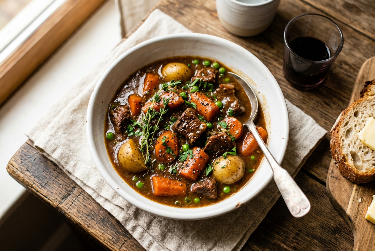 Hearty slow cooker beef stew in a rustic bowl with tender beef, carrots, potatoes and peas in rich brown gravy