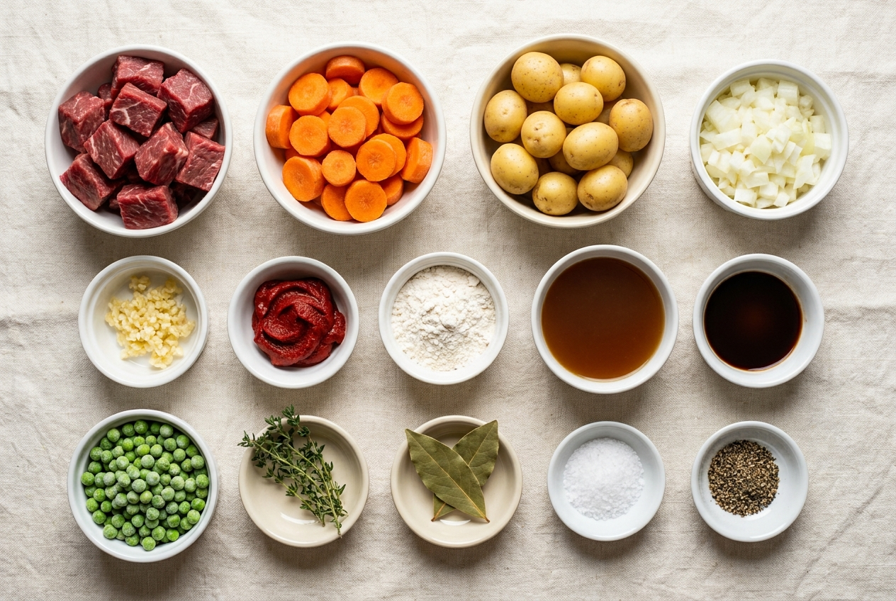 Ingredients for slow cooker beef stew portioned into small bowls: beef chuck, carrots, baby potatoes, onion, garlic, tomato paste, flour, broth, Worcestershire, peas, thyme and bay leaves