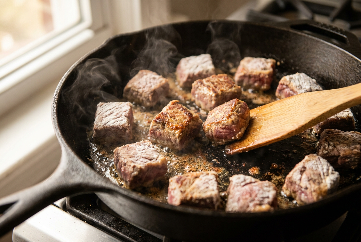 Flour-dusted beef chuck cubes searing in a cast iron skillet with a deep brown crust forming