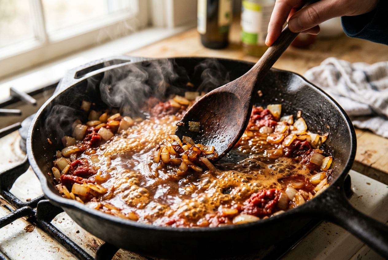 Onions and tomato paste being sautéed and deglazed with beef broth, brown bits lifting from the pan