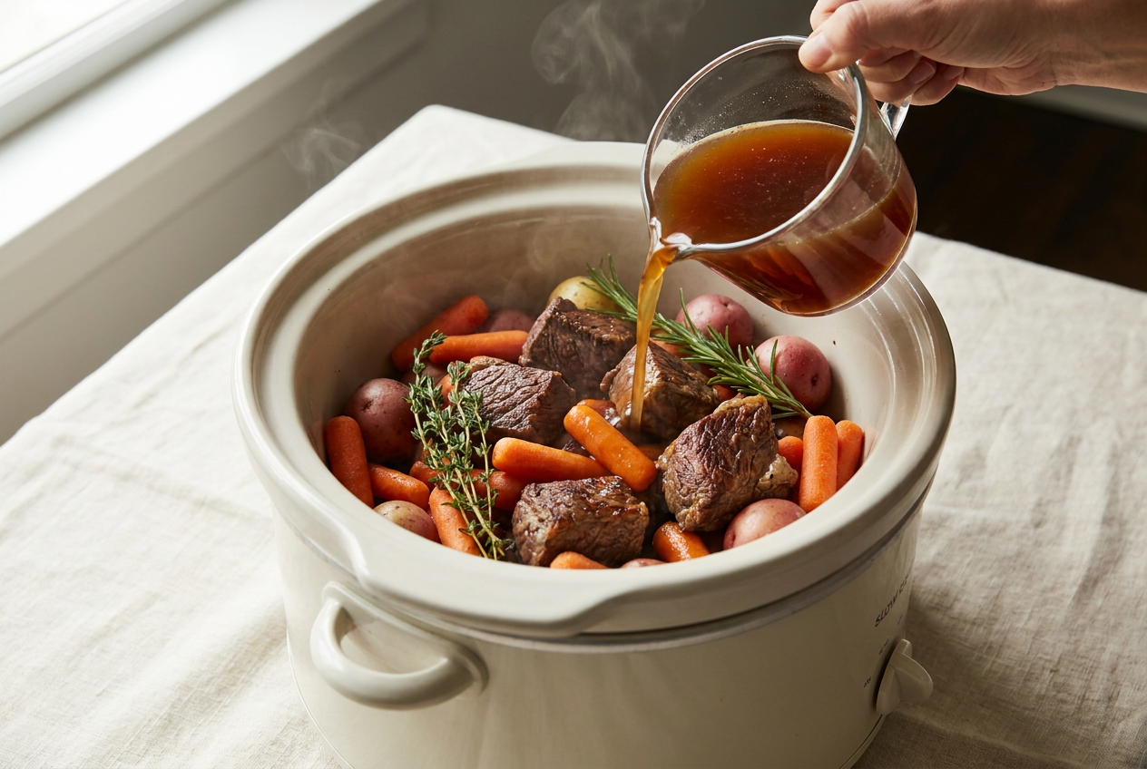Slow cooker being filled with seared beef, carrots, baby potatoes and herbs as broth is poured over