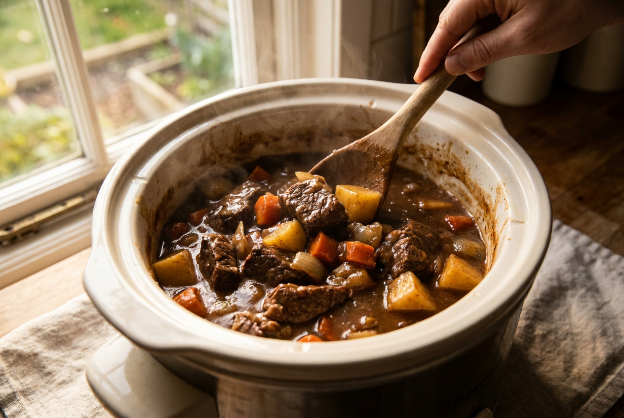 Fully cooked beef stew in the slow cooker, fork-tender beef and vegetables in thick gravy being stirred