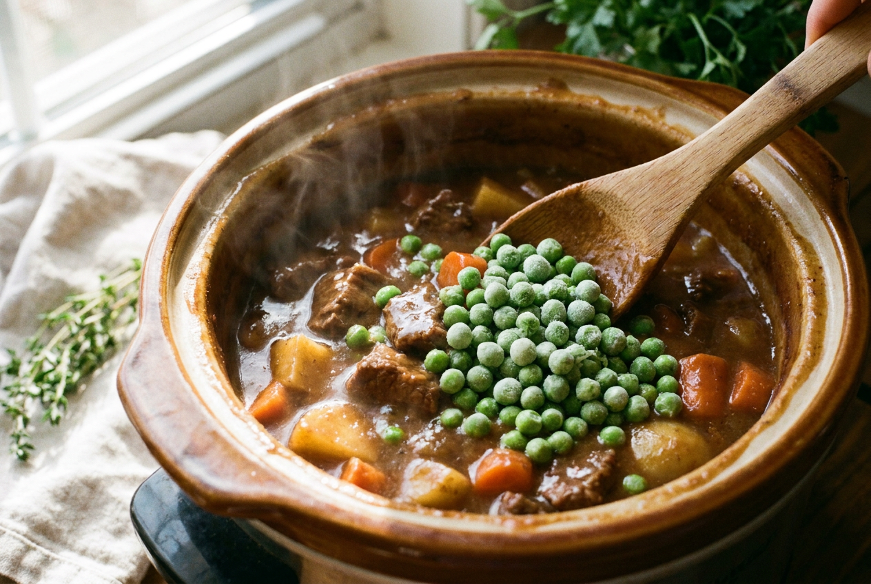 Bright green peas being stirred into finished slow cooker beef stew with thick glossy gravy