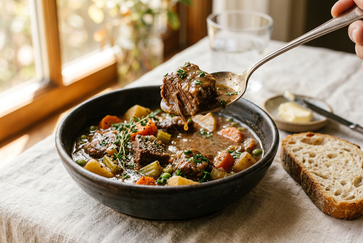 Slow cooker beef stew ladled into a rustic bowl beside crusty bread, spoon lifting a tender beef chunk